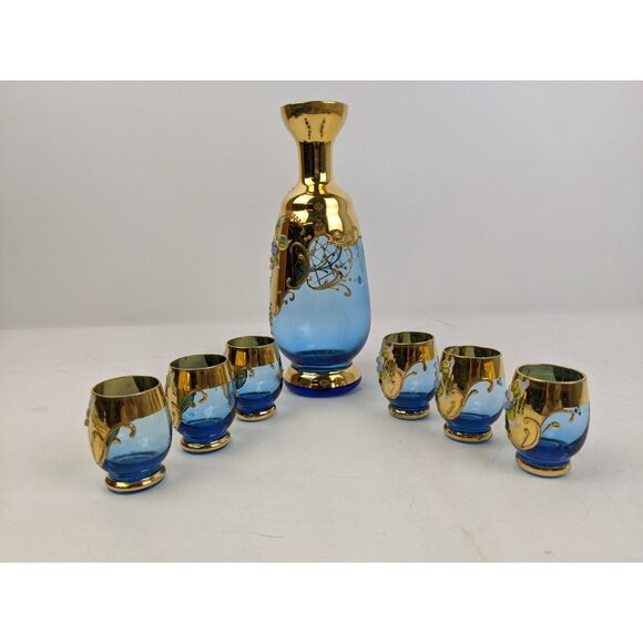 Vintage Blue Decanter & Stopper 6 glasses Made In Italy Venetian Murano gold - Picture 5 of 9